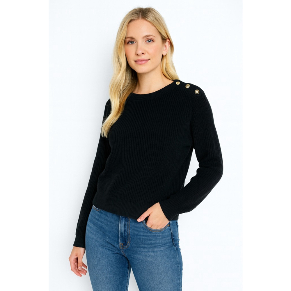 J.Crew Black Ribbed Crew Neck Sweater Gold Buttons M